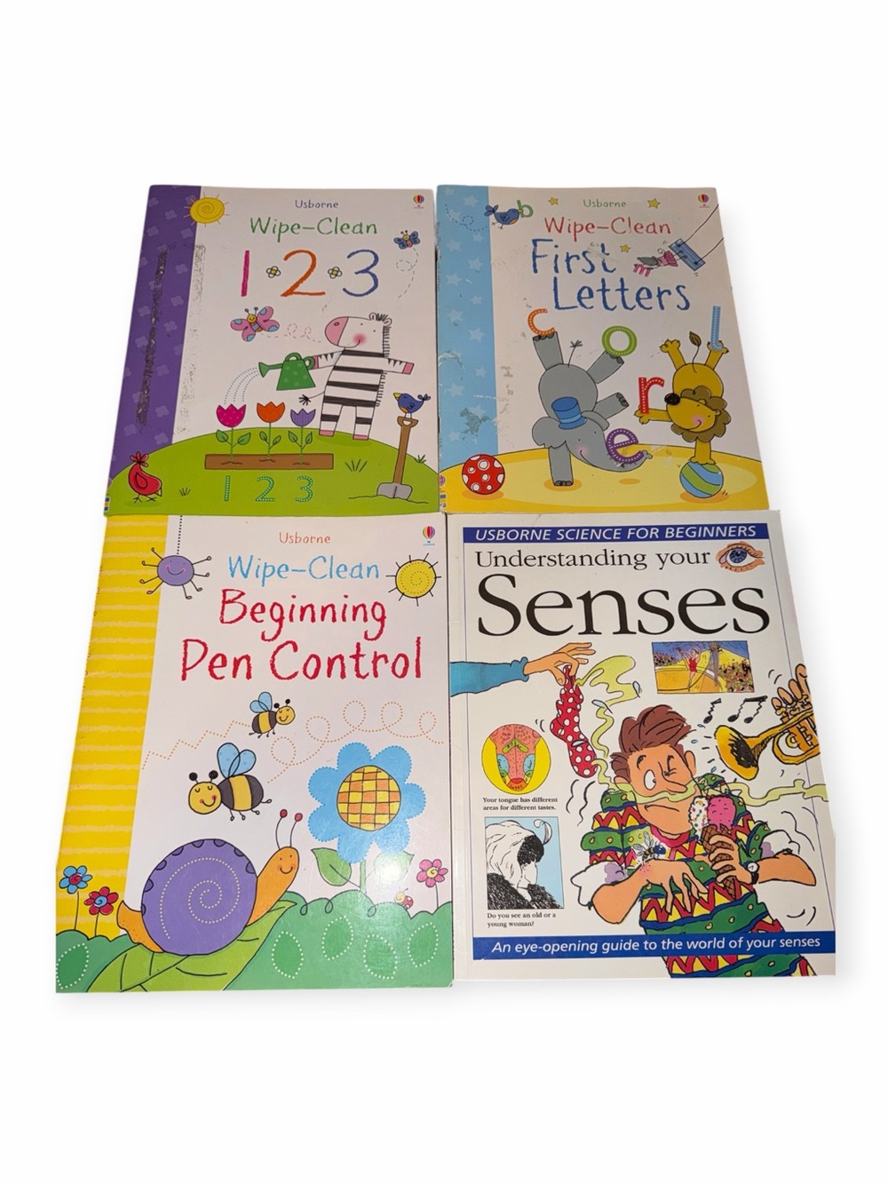 Usborne Children's Learning Book Bundle 3 Wipe clean workbooks & 1 Science Book